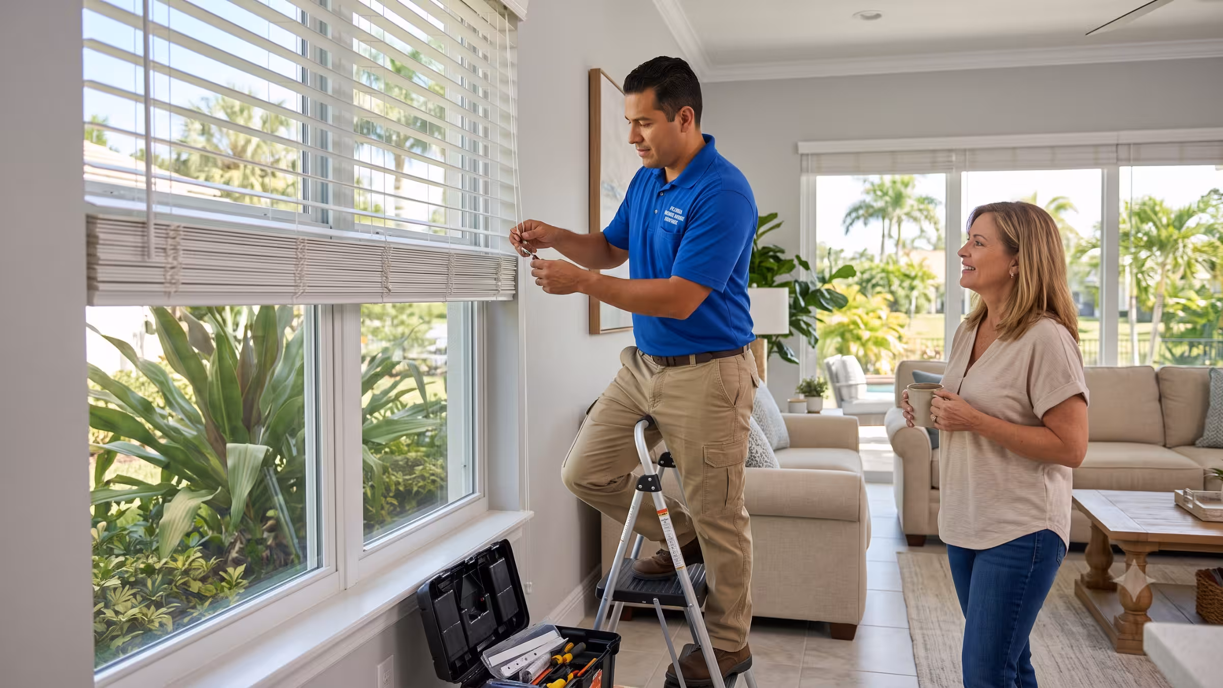 Mimo Blinds technician repairing window blinds in a South Florida home