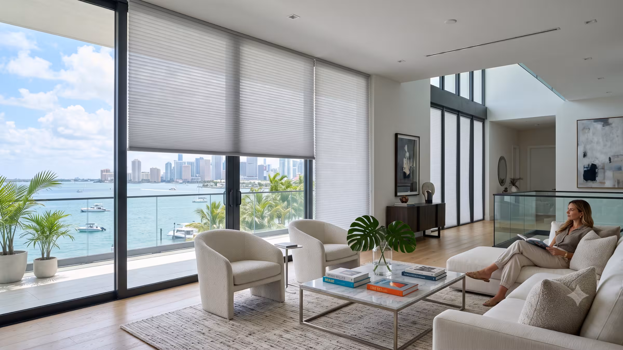 Energy-efficient cellular honeycomb shades insulating a light-filled South Florida living room