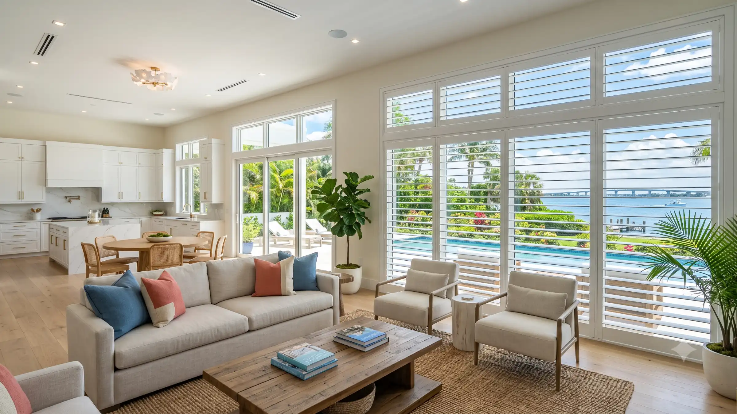 Custom window shades and blinds in a light-filled South Florida living room by Mimo Blinds
