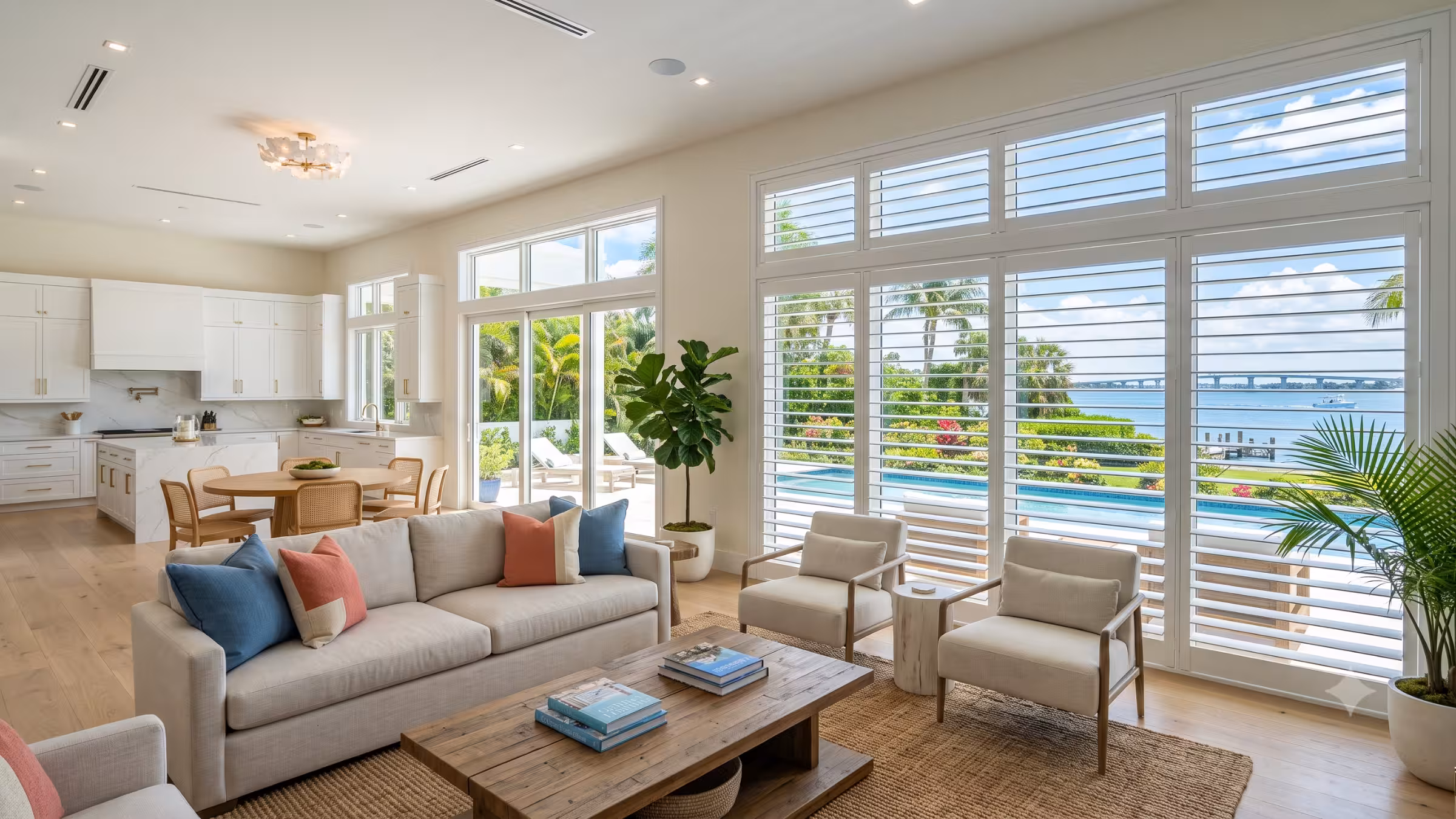 Custom hardwood plantation shutters in a light-filled South Florida living room