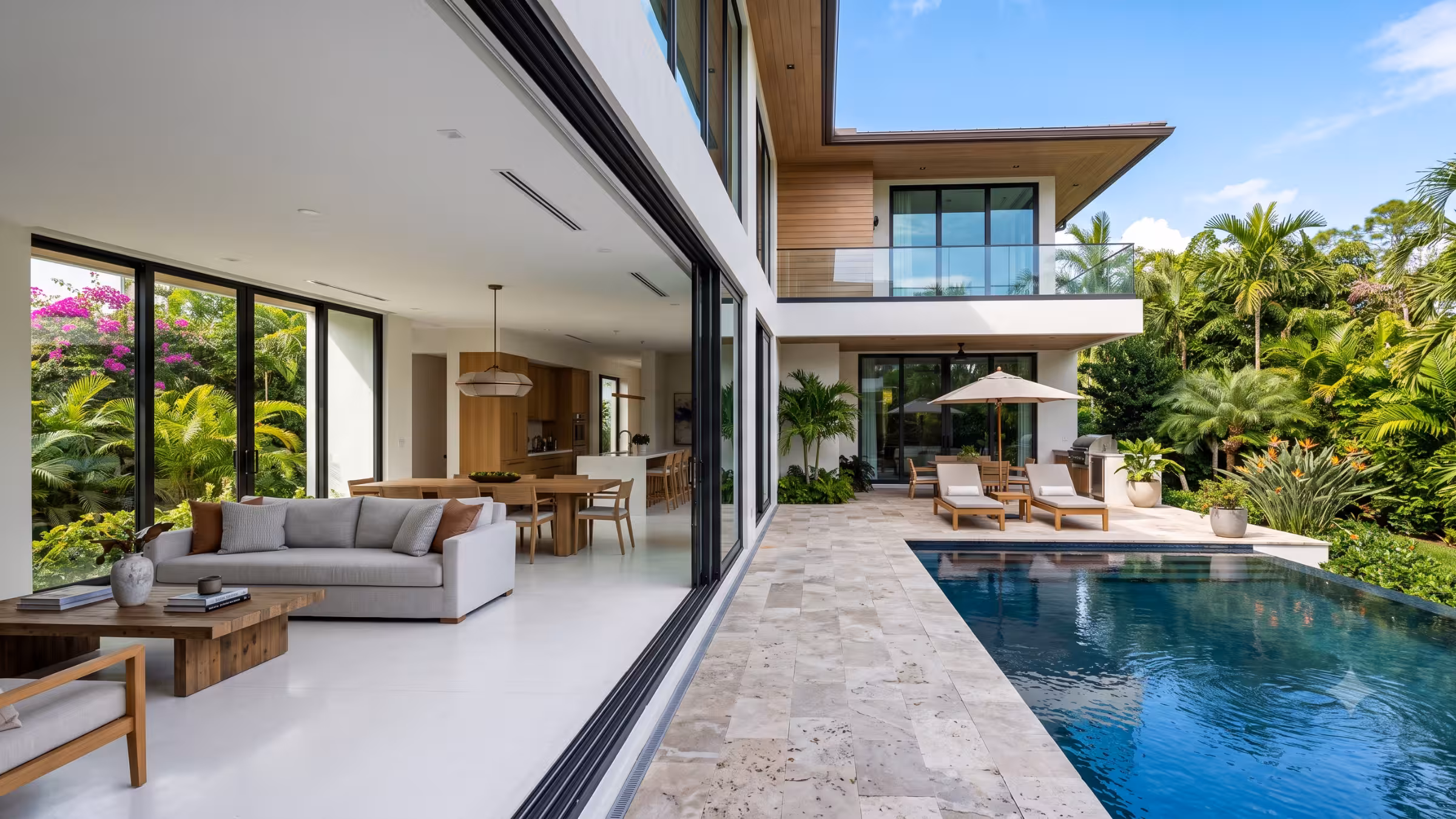 Custom sliding panel track blinds covering a wide patio door in a South Florida home